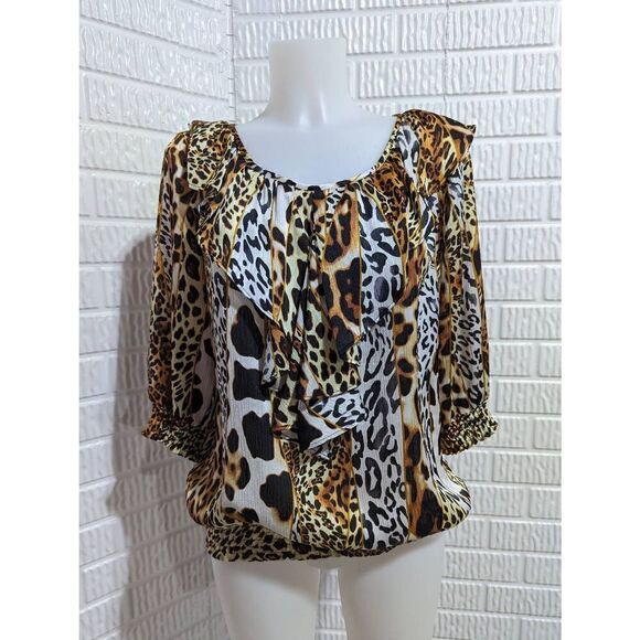 Peter Nygard Women's Leopard Print 3/4 Sleeve Ruffled Smocked Blouse Top Small - Picture 1 of 7